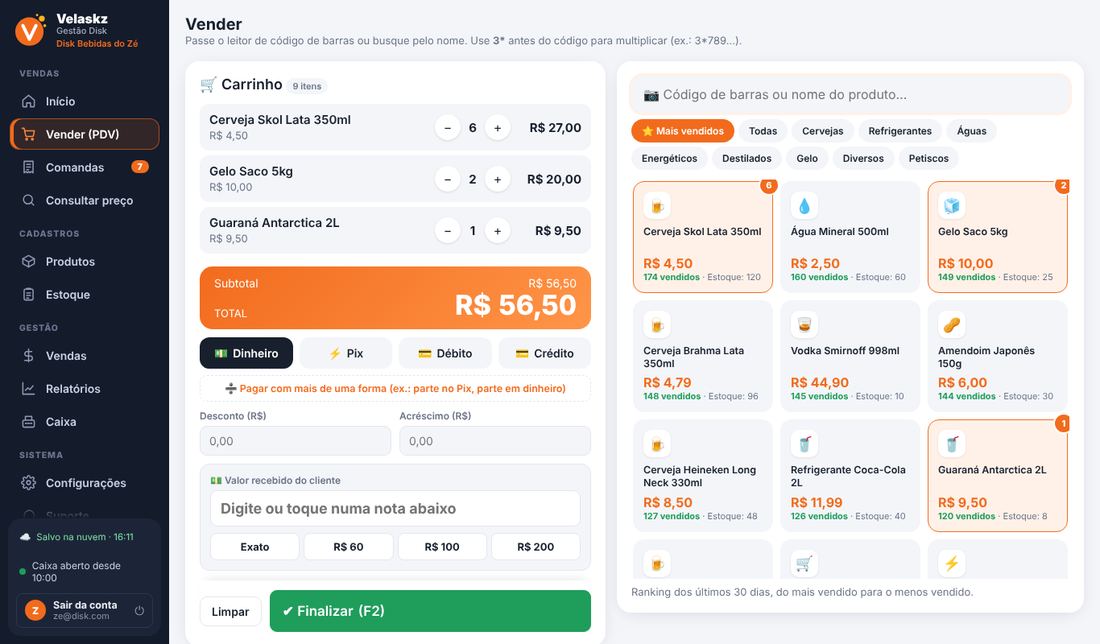 Tela de vendas (PDV) do sistema para disk bebidas VGD com carrinho, total e formas de pagamento