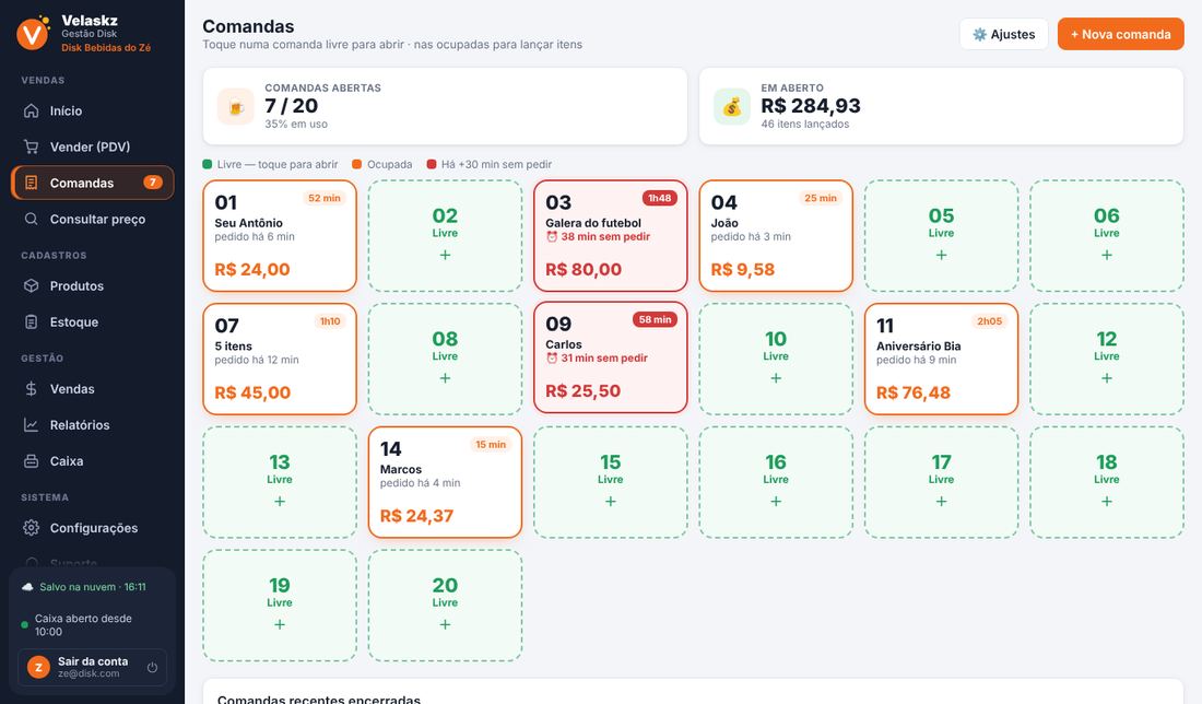 Controle de comandas para bar e disk bebidas com mapa de comandas numeradas