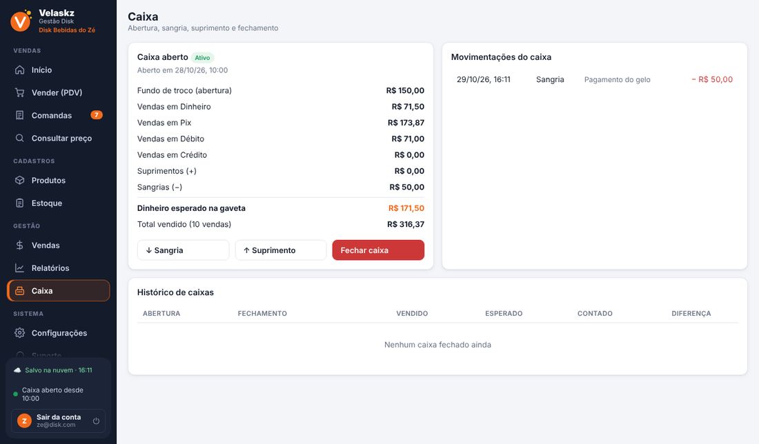 Abertura e fechamento de caixa no sistema para depósito de bebidas